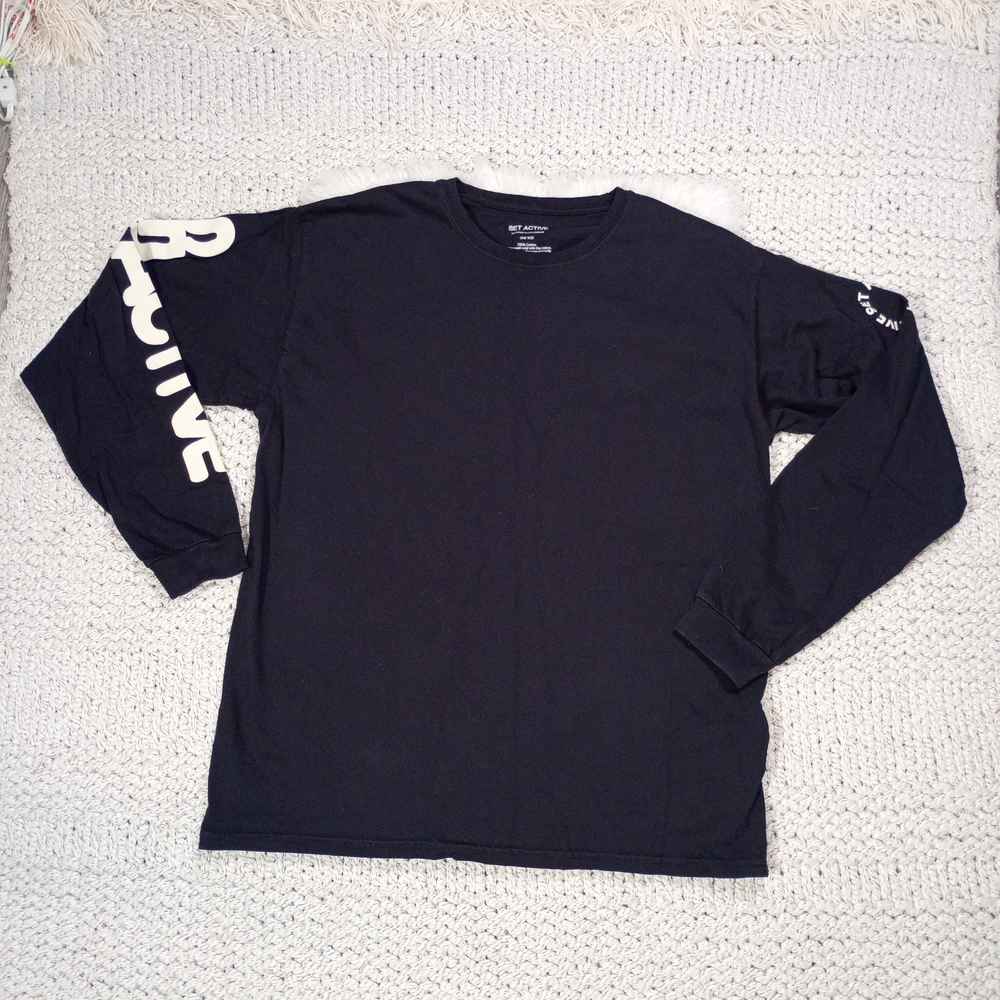 SET Active Black Long Sleeve Unisex Shirt White Print On Sleeve, One Size